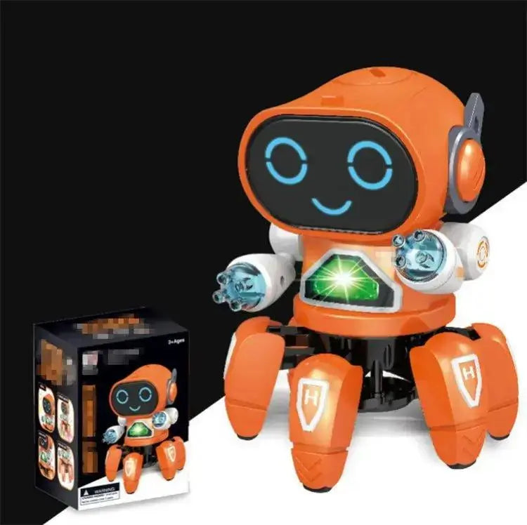 Orange toy robot with glowing eyes and green light, next to its packaging on a black background