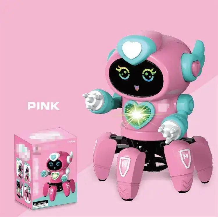 Pink robot toy with teal accents on a pink background
