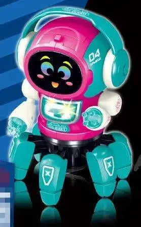 Toy robot with a colorful design on a reflective surface