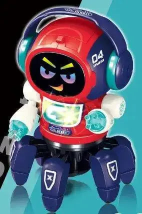 Toy robot with a red and blue color scheme on a teal background