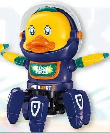 Toy robot duck with a blue and yellow design on a white background