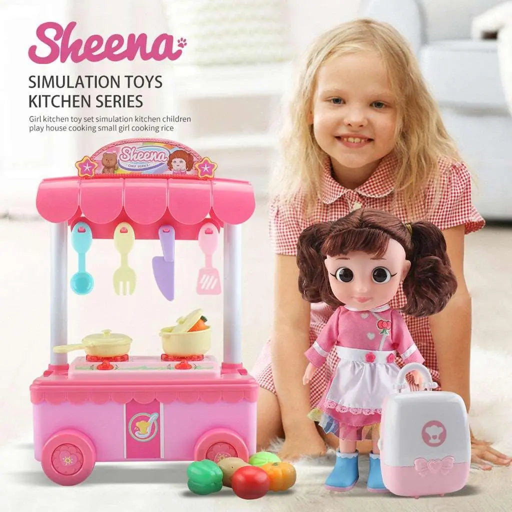 Little girl playing with Little Chef's Kitchen Playset toy featuring pink dining car, stove, and doll with kitchen utensils.