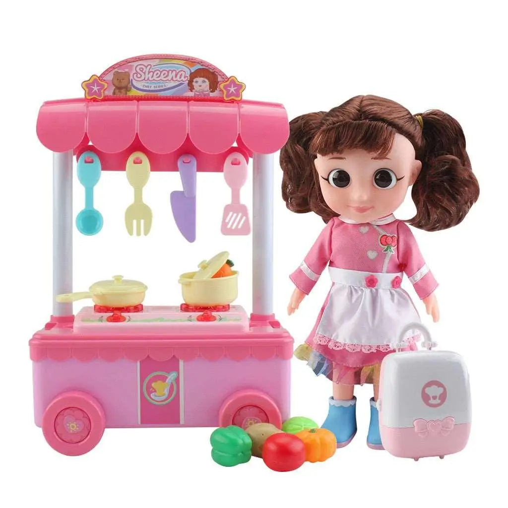 Little Chef's Kitchen Playset with doll, mini dining car, stove, and kitchen utensils toy set