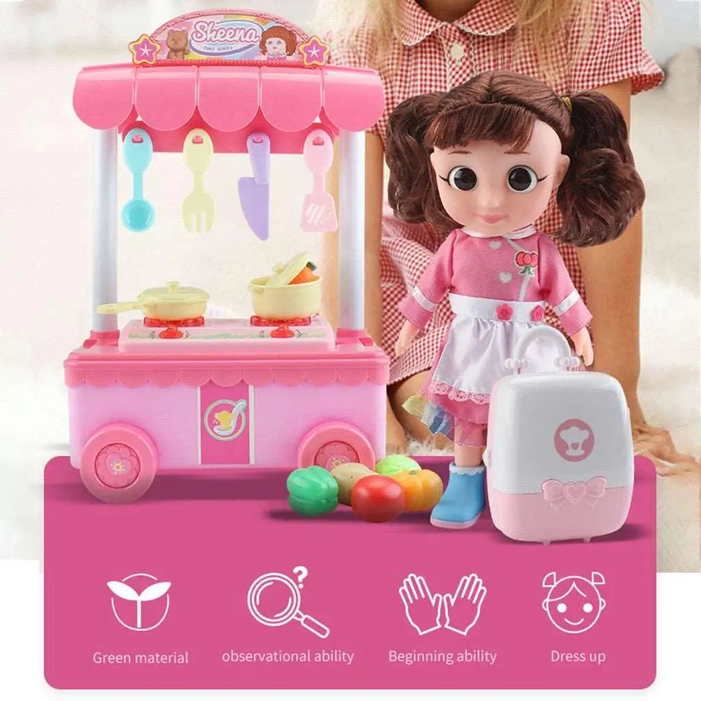 Little Chef's Kitchen Playset with doll, mini dining car, and kitchen accessories in pink for imaginative role play.
