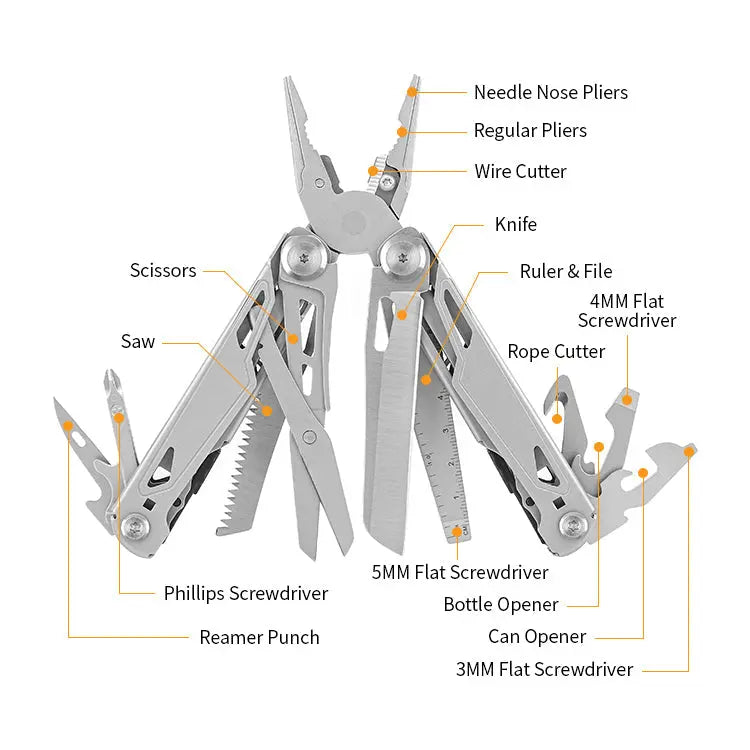 Foldable multitool pliers with scissors, wire cutter, screwdrivers, saw, and bottle opener in stainless steel design