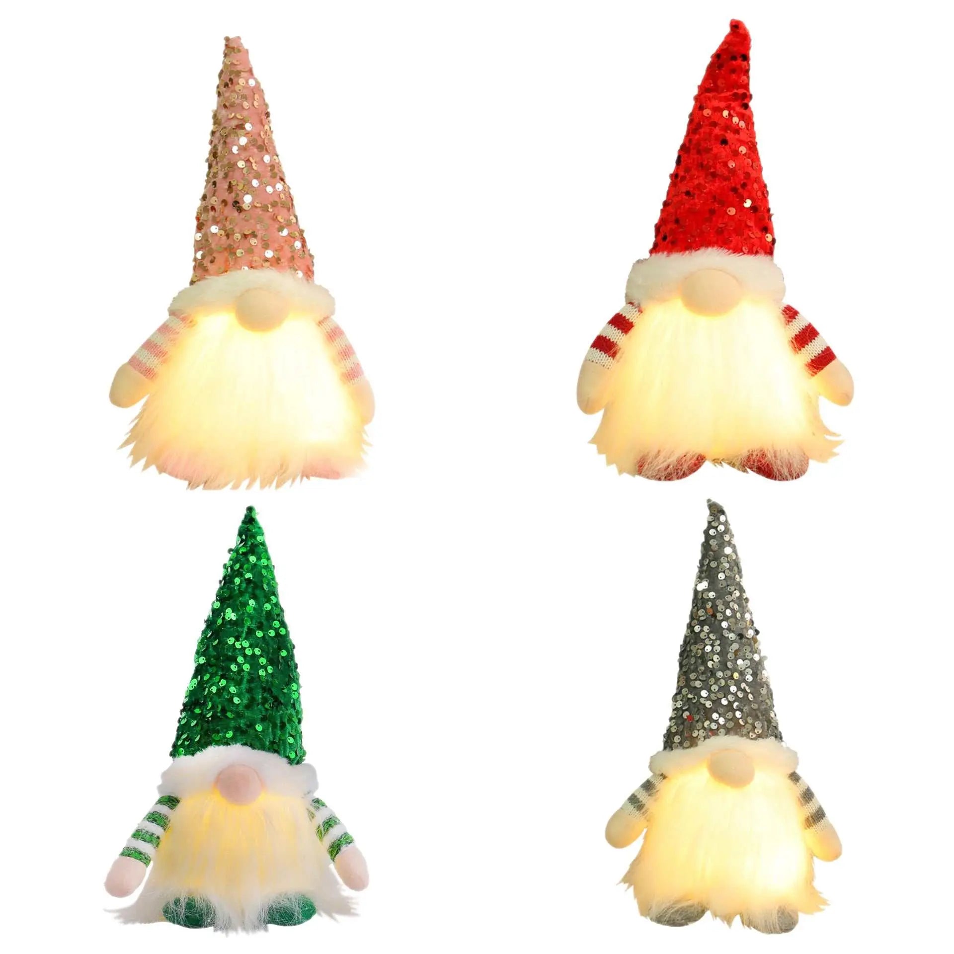 Light-up Christmas gnome decorations with sequined hats in red, pink, green, and grey for festive holiday home décor