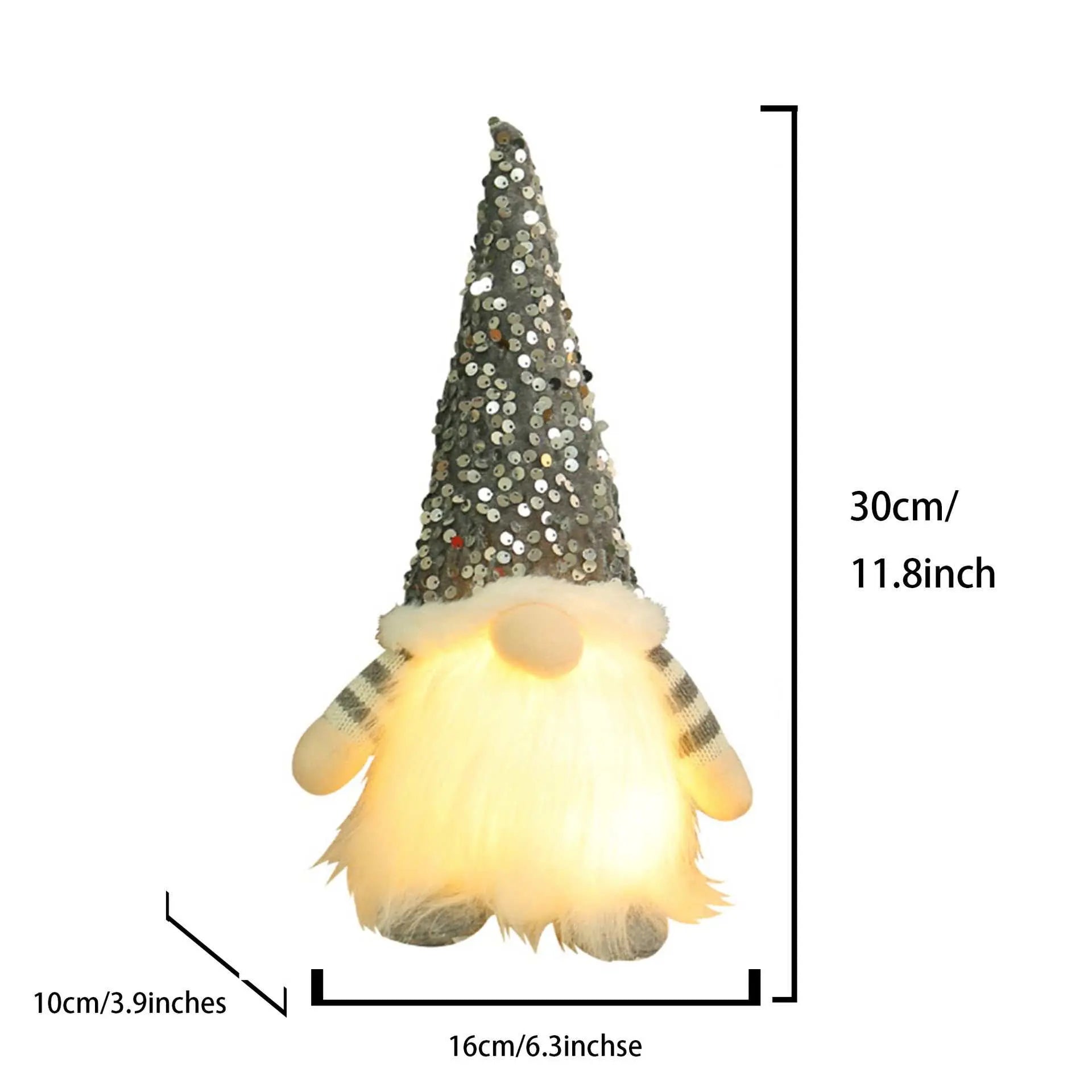 Light-up Christmas gnome decoration with sequined grey hat and glowing beard, festive holiday home décor.