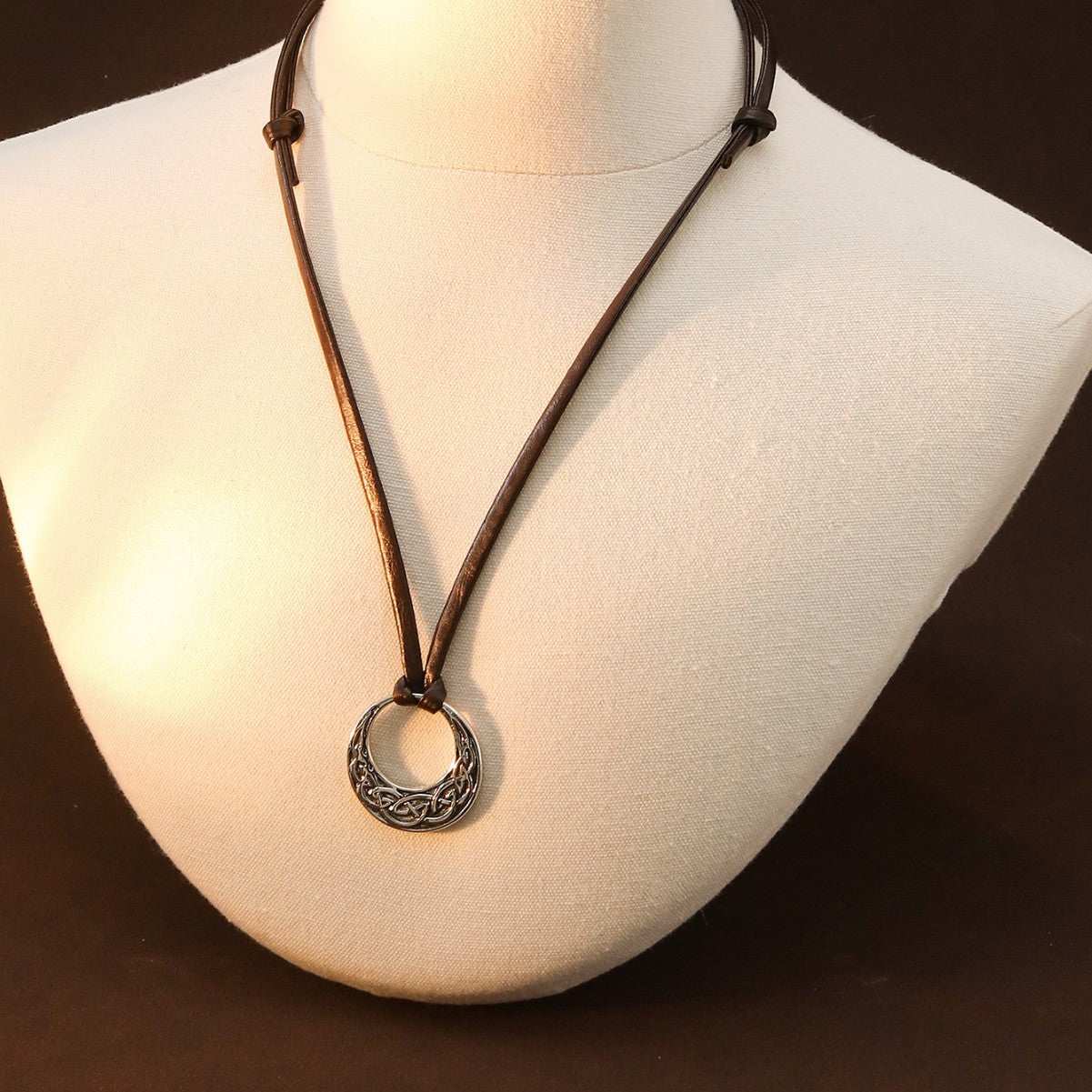 Nordic Ethnic Sweater Chain with round skull pendant on adjustable leather cord