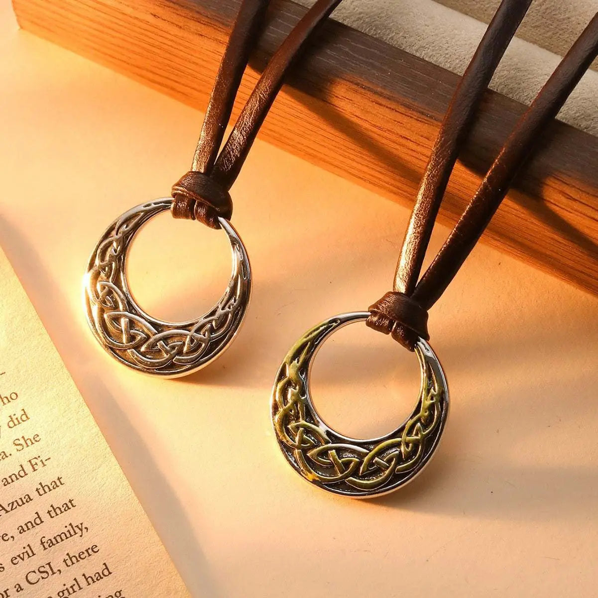 Nordic Ethnic Sweater Chain with round antique silver and gold pendant on brown leather cord