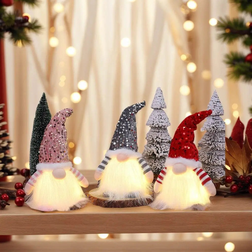 Light-up Christmas gnome decoration with sequined hat in festive home setting