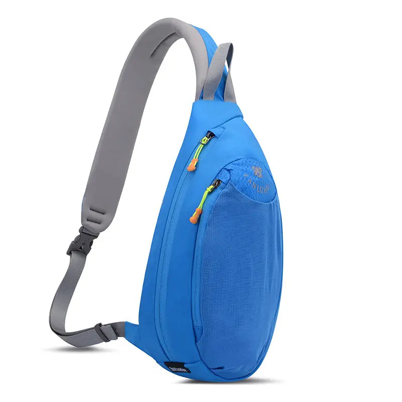 Blue outdoor sling crossbody bag made of water-resistant nylon for hiking and cycling