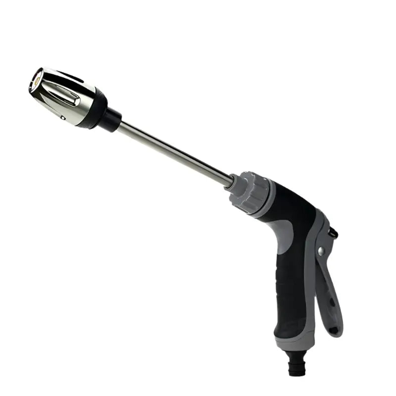 Black and gray garden hose nozzle on a white background