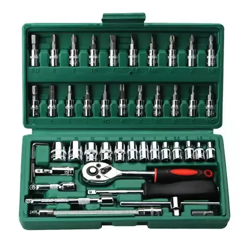 Set of tools in a green case on a white background