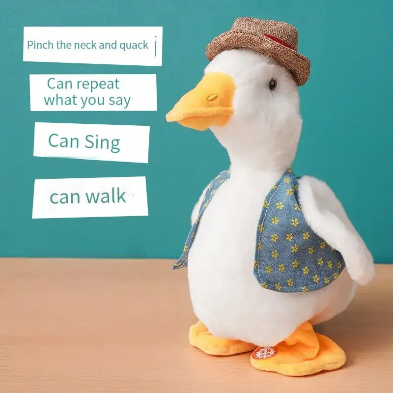 Toy duck with a hat and vest on a wooden surface with a teal background