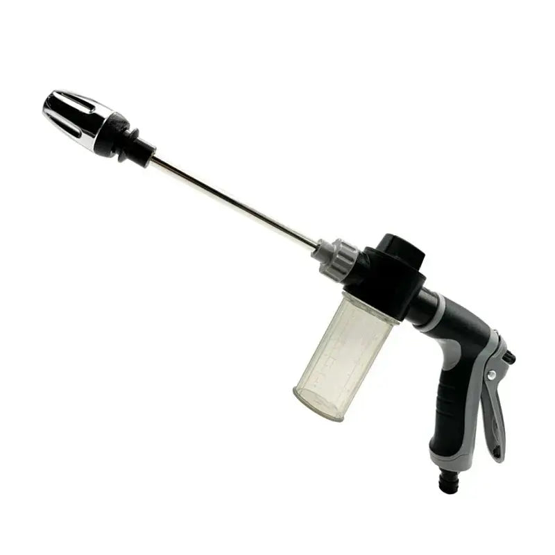 Black and silver pressure washer gun on a white background