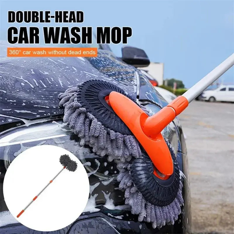 Double-head car wash mop with an orange cleaning head and gray bristle head, used on a car.