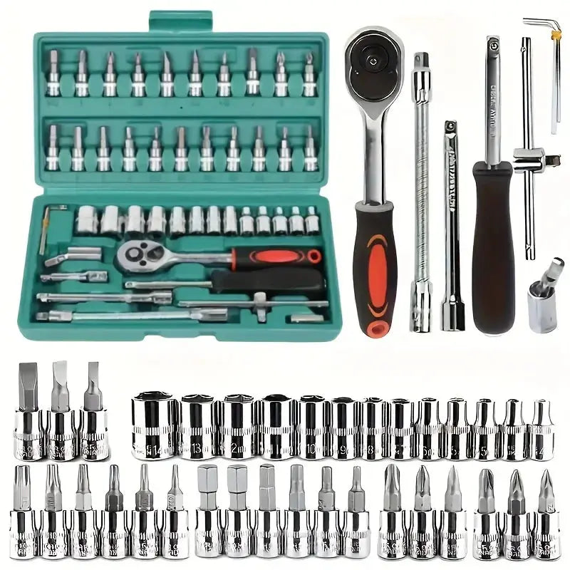 Mechanical tool set with various tools including sockets, bits, and wrenches on a white background.