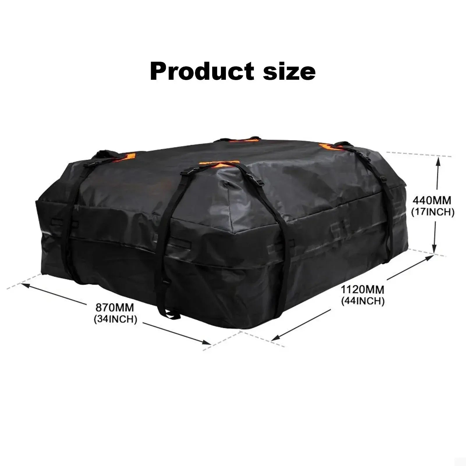 Black roof cargo bag with measurements on a white background