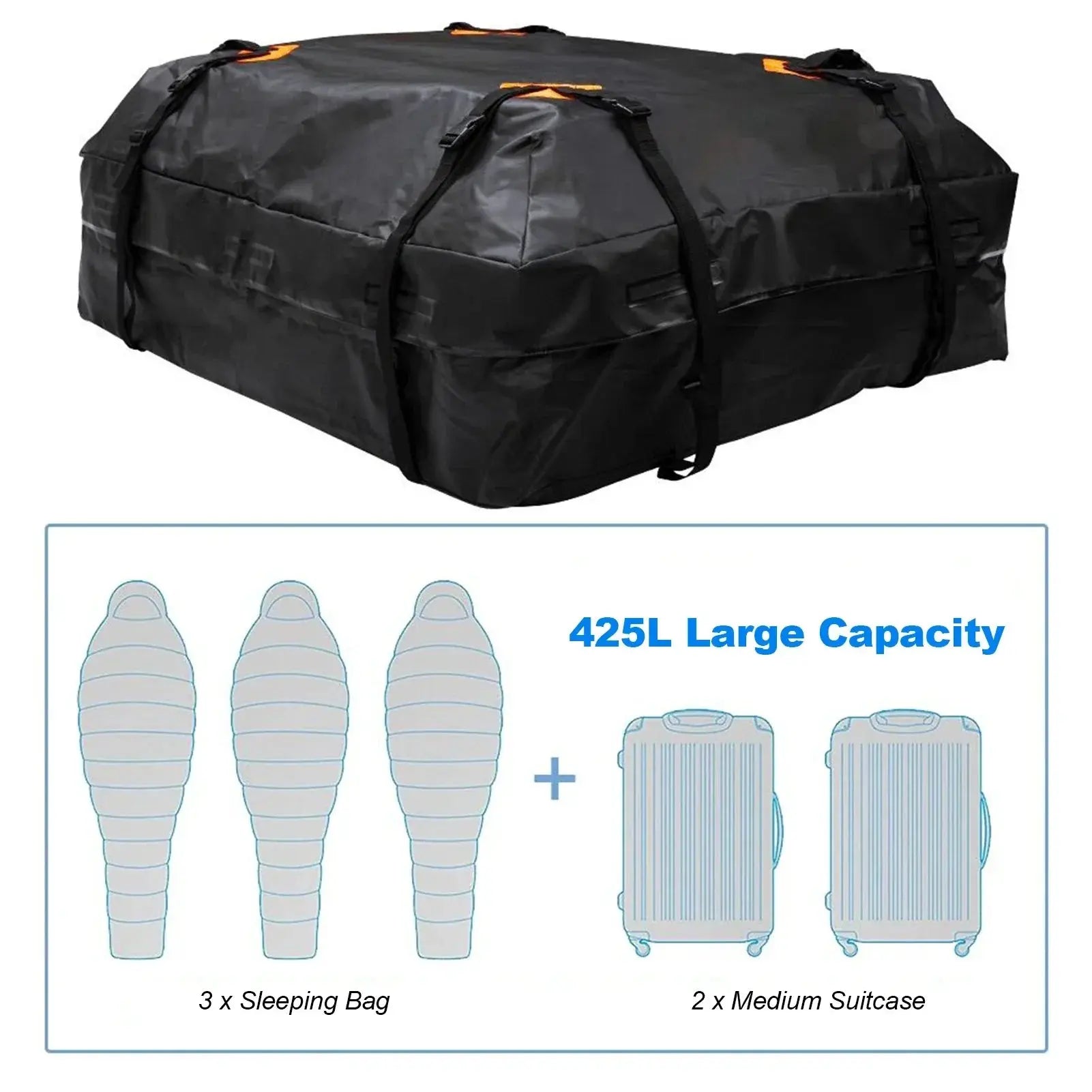 Black rooftop cargo bag with capacity illustration showing sleeping bags and suitcases.
