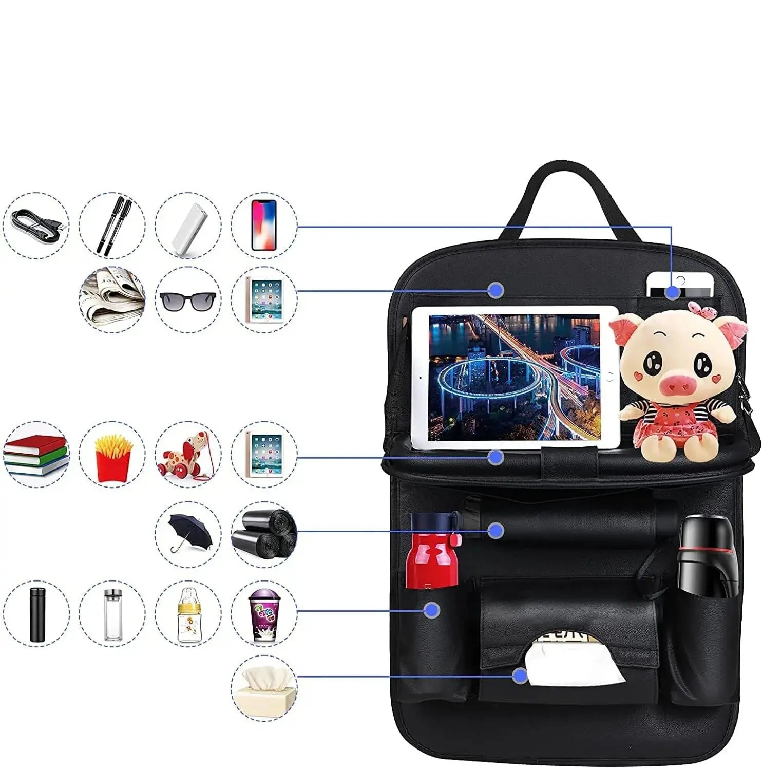 Black car seat organizer with tablet stand, cup holder, and toy on a white background