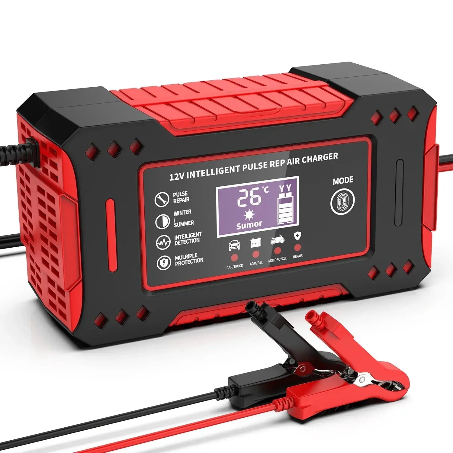 Red and black 12V intelligent pulse rep air charger with digital display on a white background