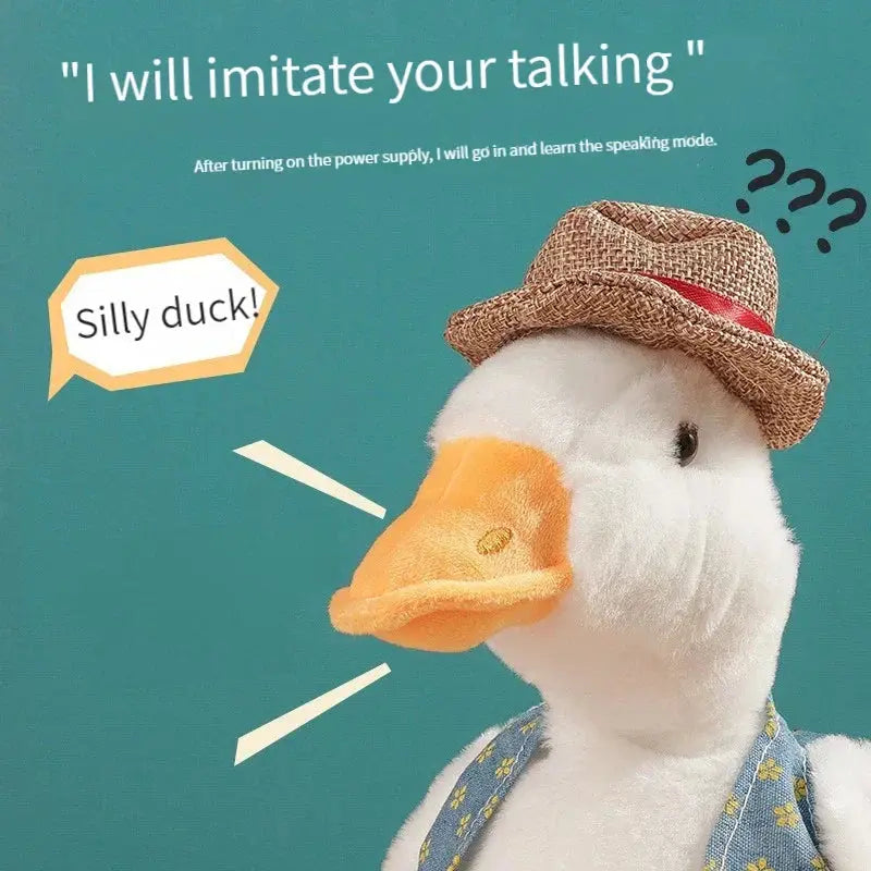 Animated duck wearing a hat with text and speech bubble on a teal background