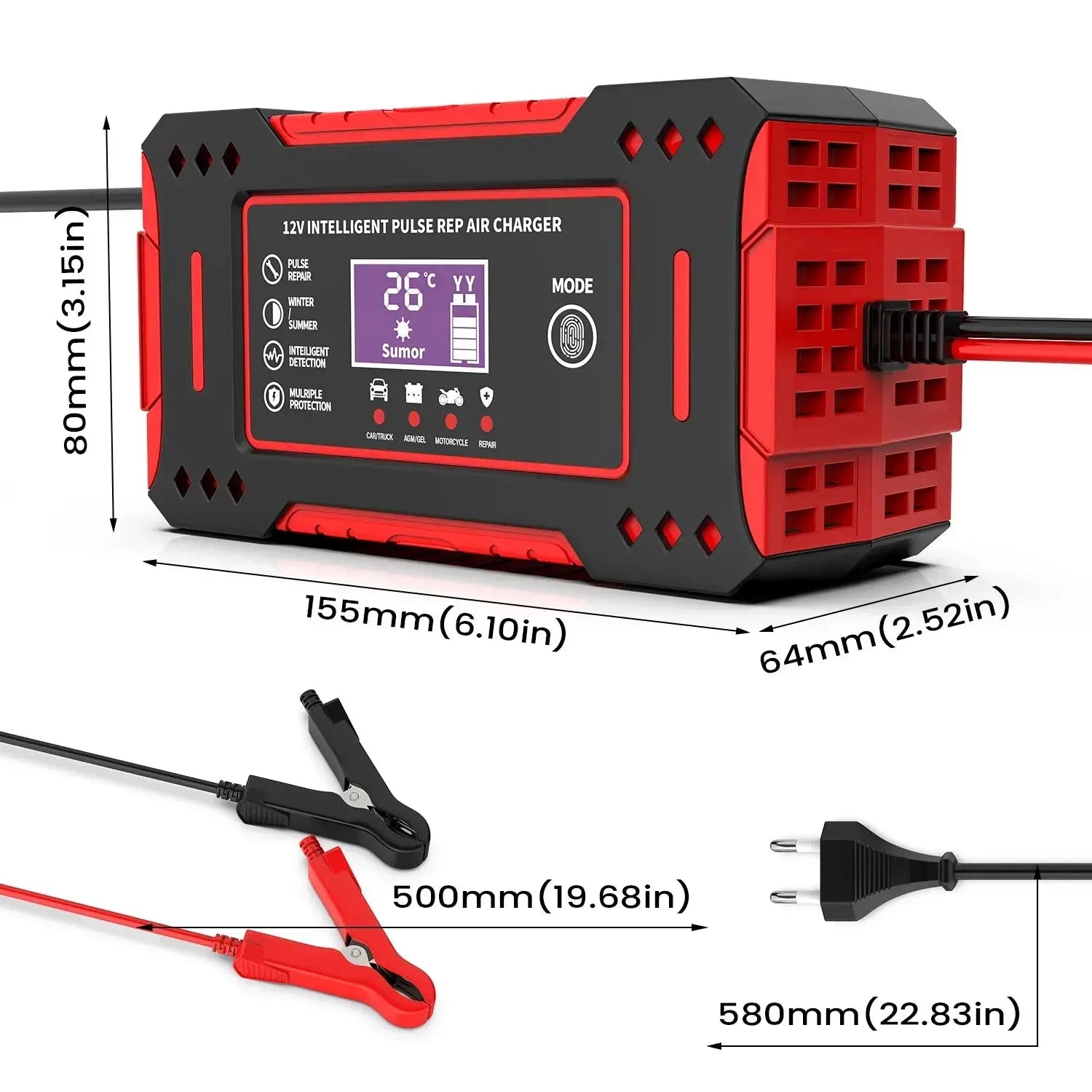 Red and black battery charger with digital display and clamps, showing dimensions on a white background.