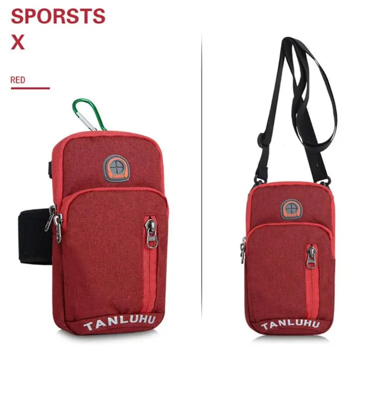 Red crossbody bag with shoulder strap and arm pocket on a white background, featuring the brand 'TANLUHU'.