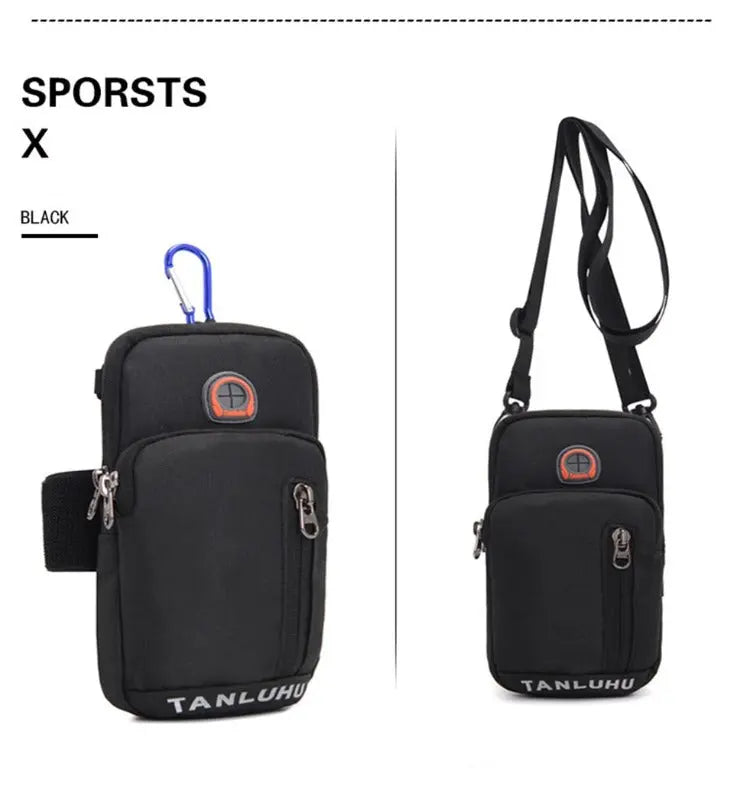 Black crossbody bag with shoulder strap and carabiner on a white background