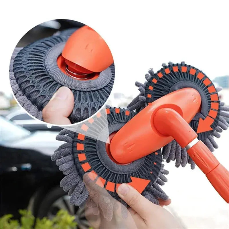 Car cleaning brush with close-up of bristle detail, held by a hand with car in background