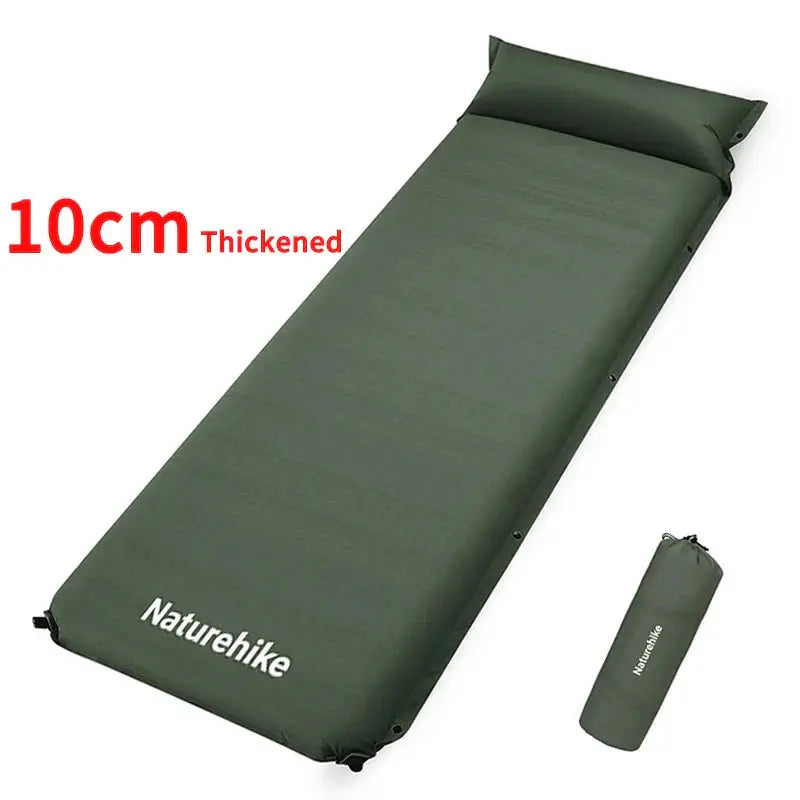Green camping mattress with pillow and packaging on a white background, featuring 'Naturehike' branding.