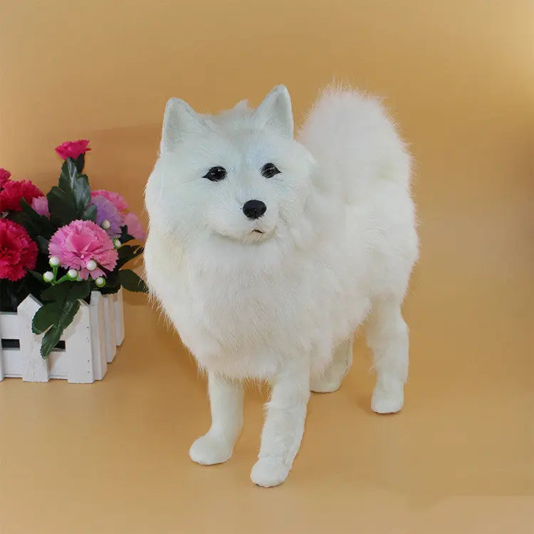 Handmade lifelike white Samoyed plush toy with soft rabbit hair fur and detailed features on beige background with flowers