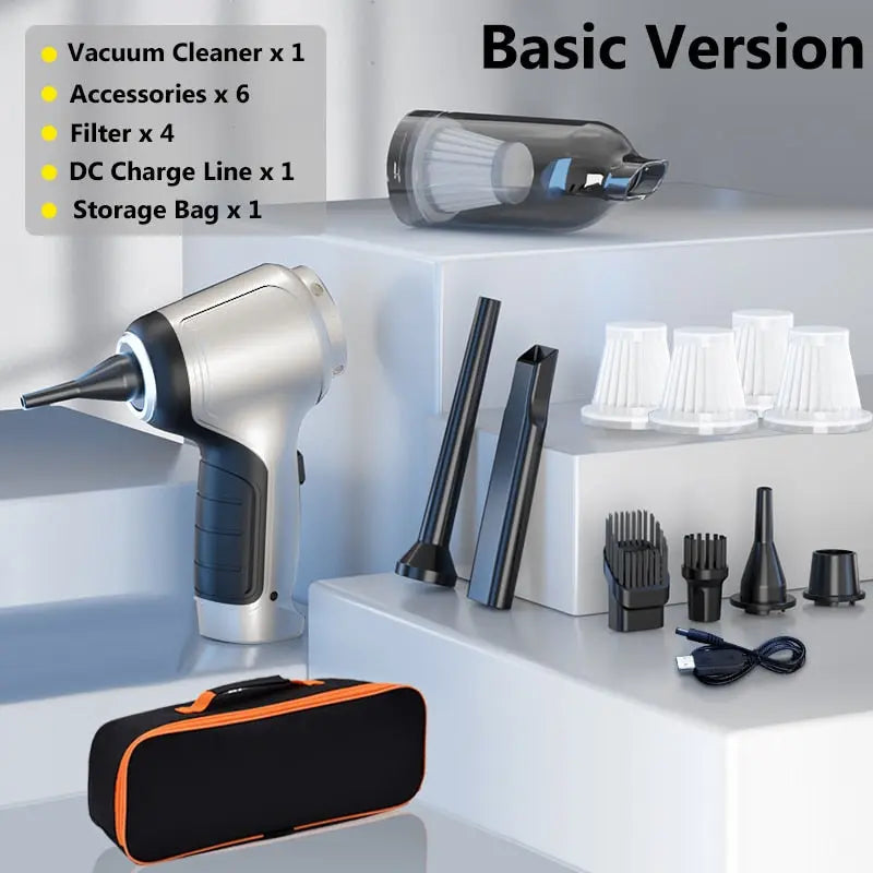 Vacuum cleaner set with accessories on a white shelf