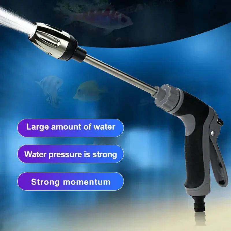 Aquarium cleaning tool with water spray nozzle against an aquarium background with fish.
