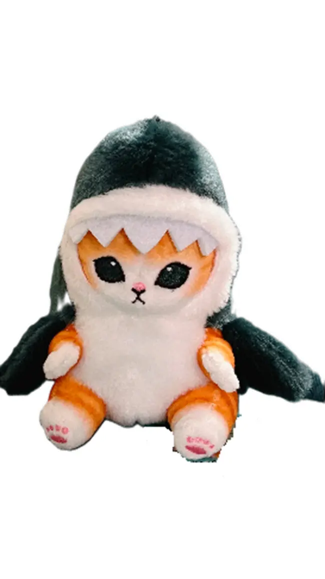 Plush toy with shark and cat design on a white background