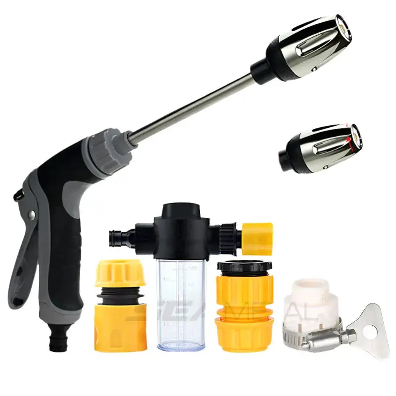 Collection of various spray nozzles and connectors on a white background