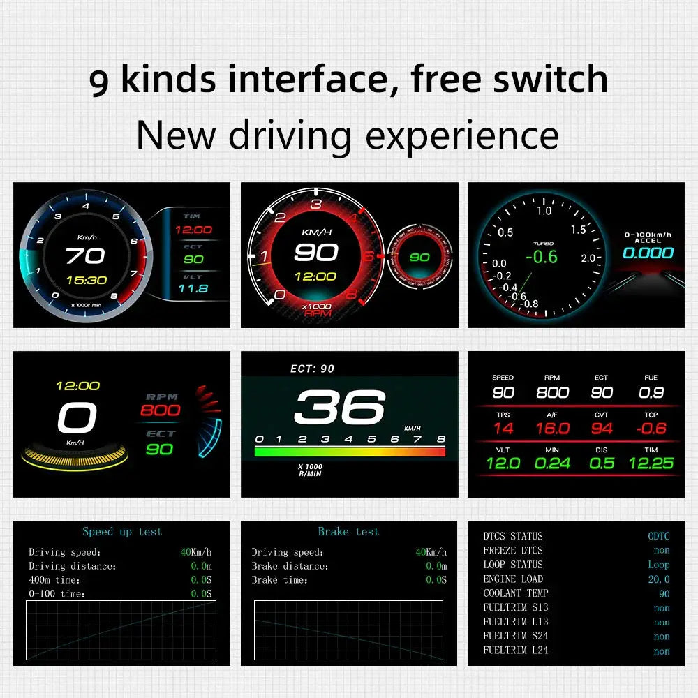 Various digital dashboard interfaces with text '9 kinds interface, free switch' and 'New driving experience'.