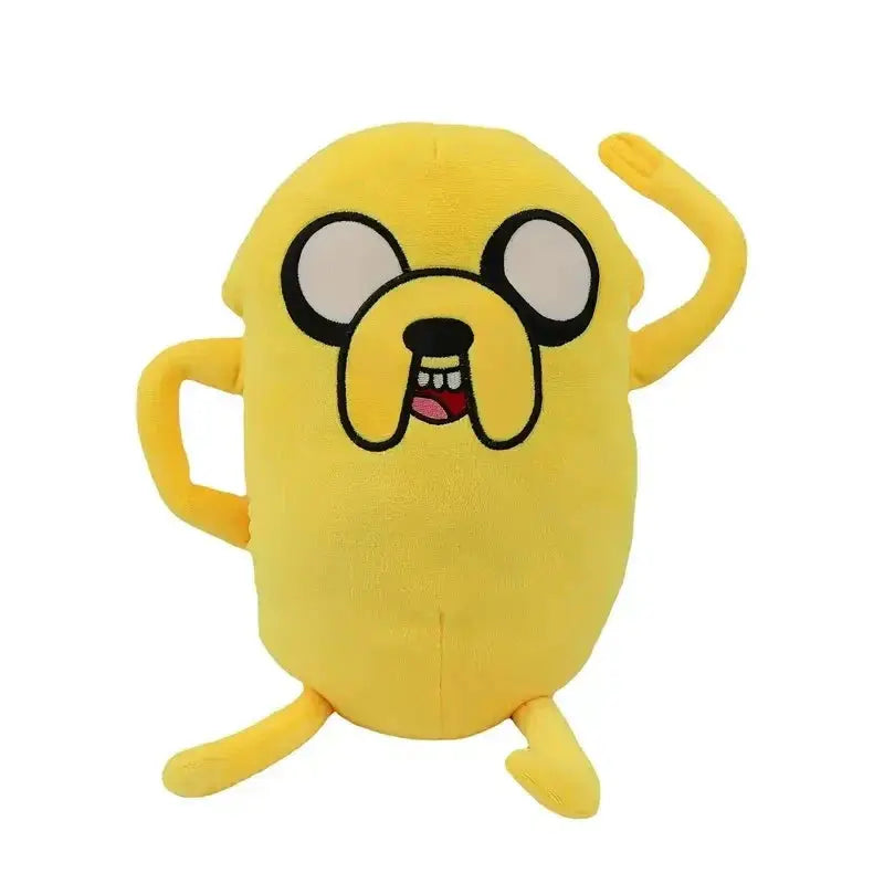 Yellow plush toy with a cartoon face on a white background