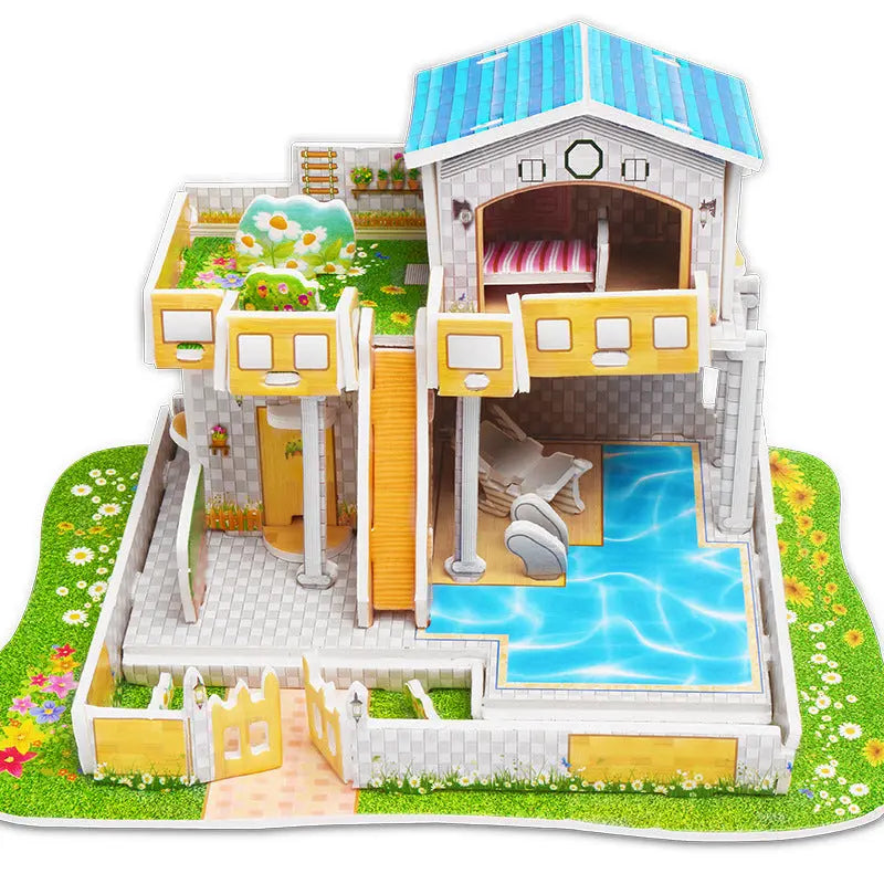 3D Paper Puzzle educational toy house with pool and garden for children
