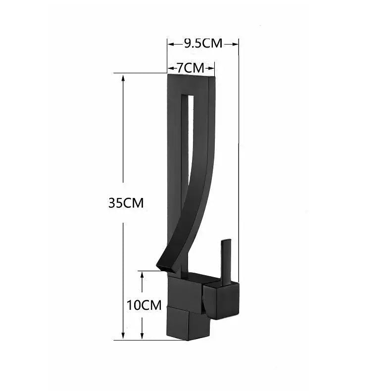 Black faucet with dimensions labeled on a white background