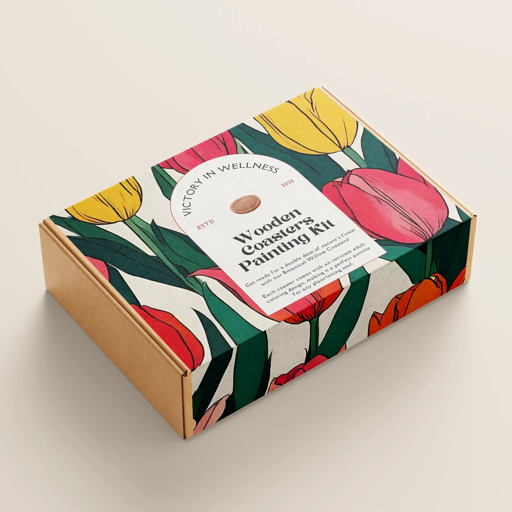 Botanical Willow Coasters painting kit with floral design packaging and natural wood coasters set