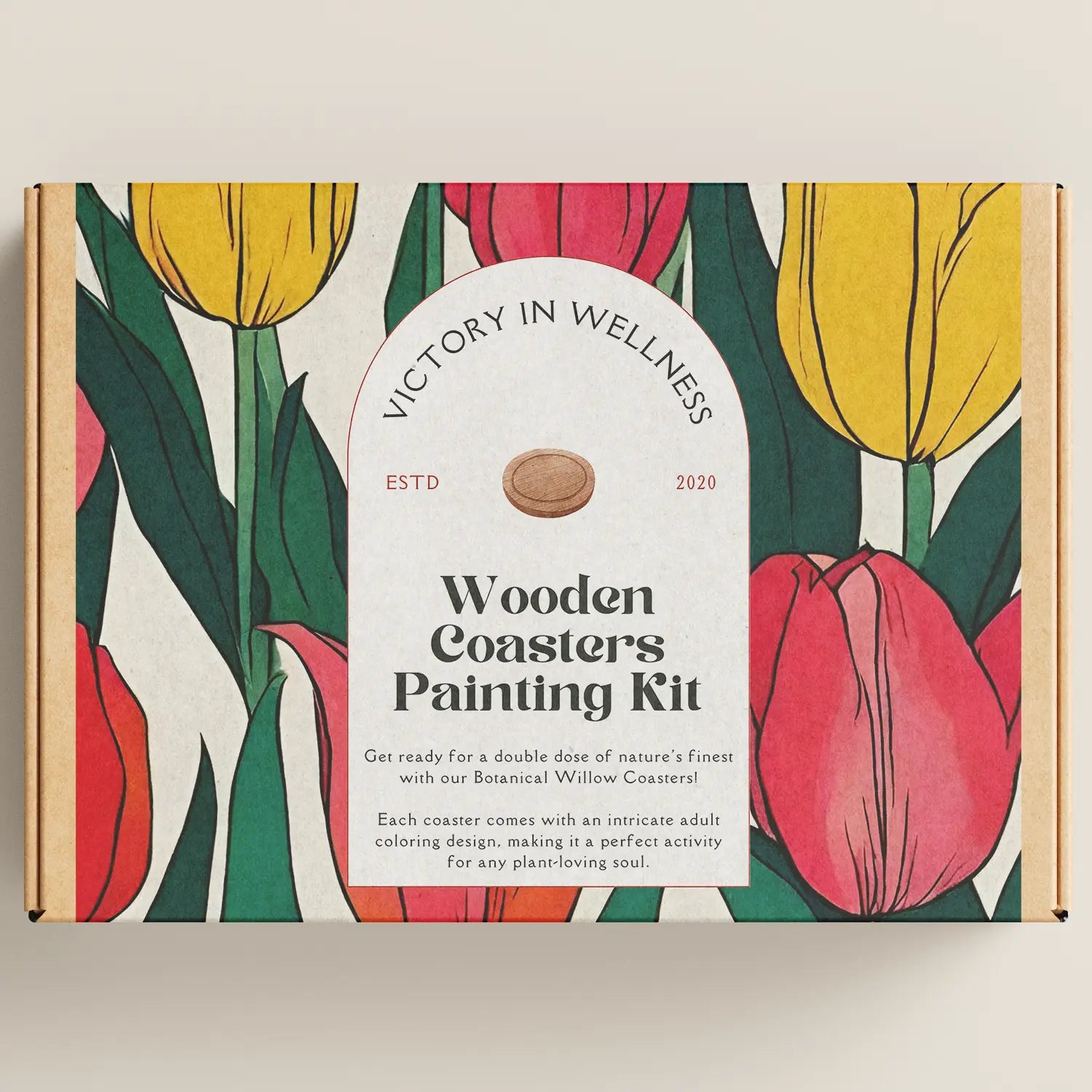 Botanical Willow Coasters painting kit with floral design box and adult coloring activity