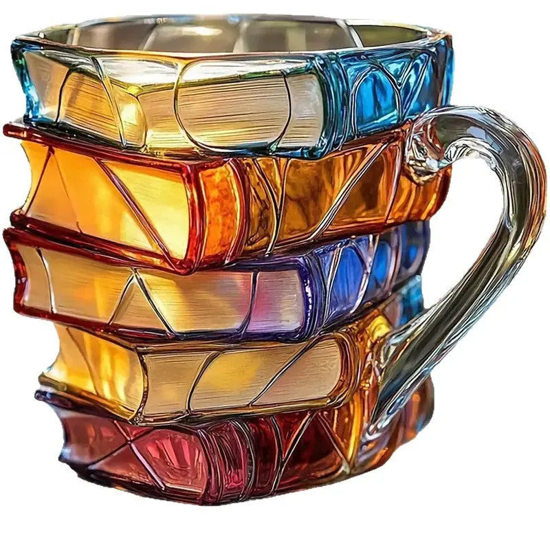 Stacked book novelty resin coffee mug in colorful modern design