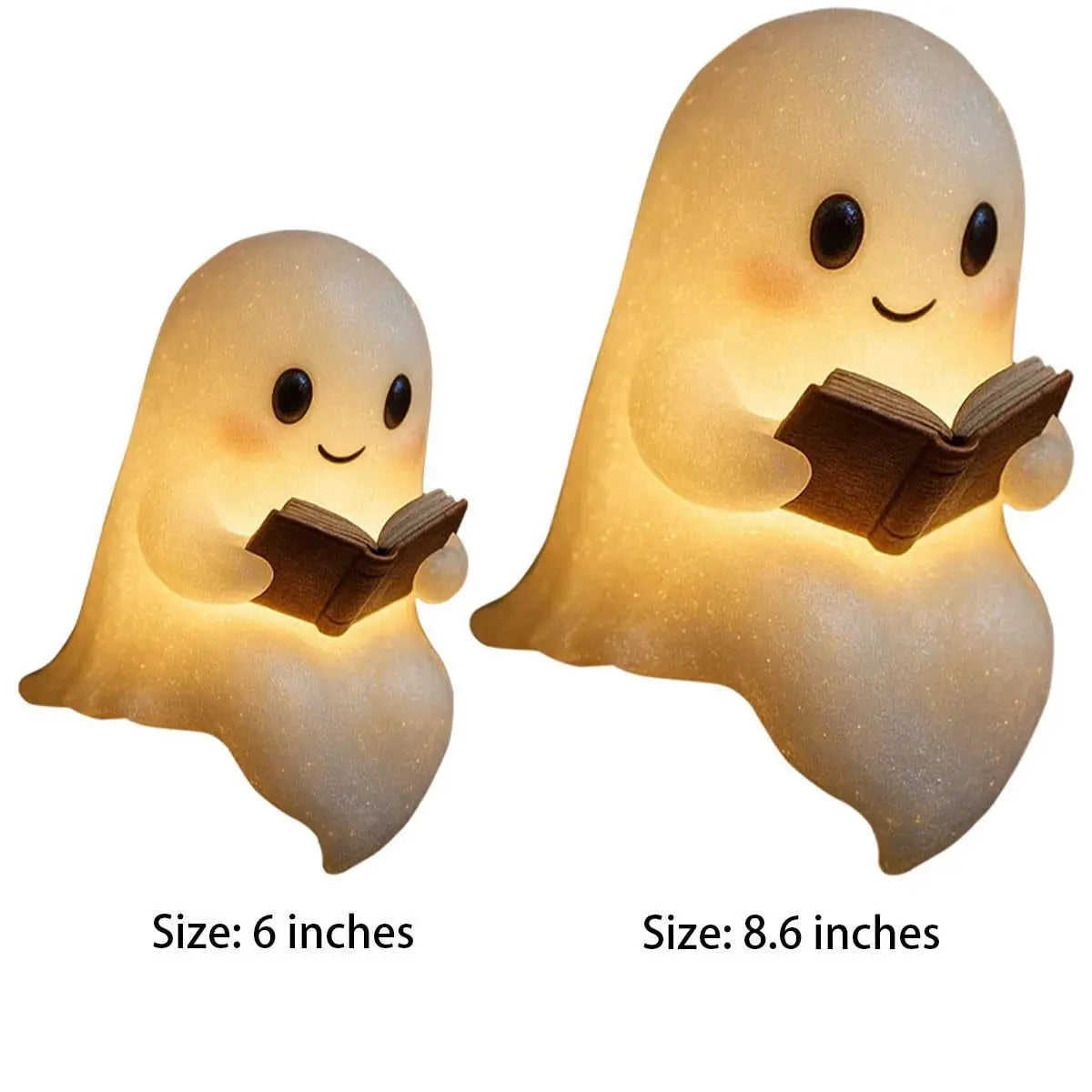 Cute LED ghost children's nightlight with smiling face holding a book, emitting warm candle-like glow, available in 6 and 8.6 inches sizes
