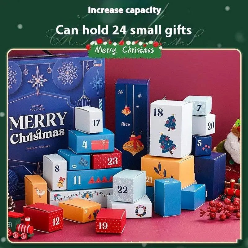Cartoon style gift box for 24 days advent calendar with colorful four-color printing, holding 24 small gifts and measuring 45.5x34x1.5 cm.