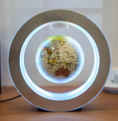 LED Floating Globe with magnetic levitation and LED illumination in a sleek silver frame