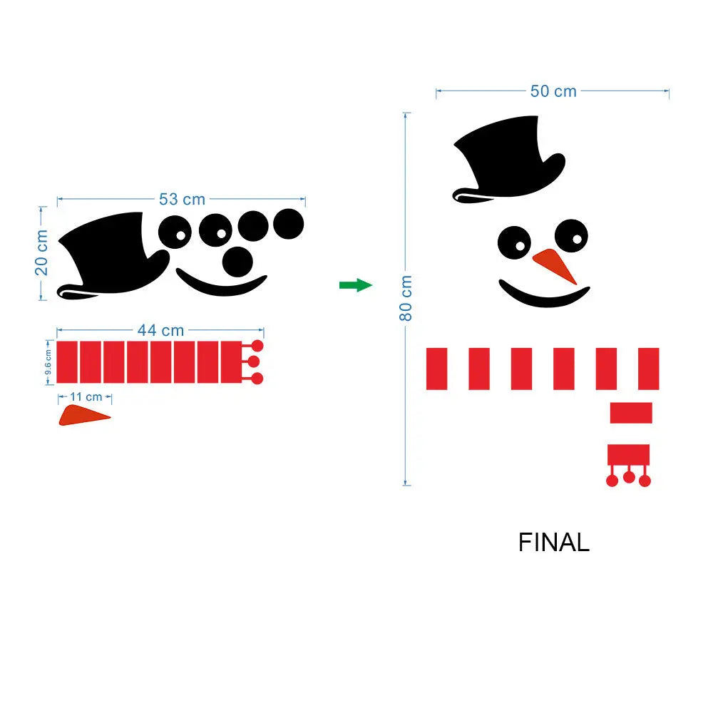 Christmas snowman sticker with waterproof PVC material for wall and window decoration in flat mural style, featuring black hat, eyes, carrot nose, smile, and red scarf.