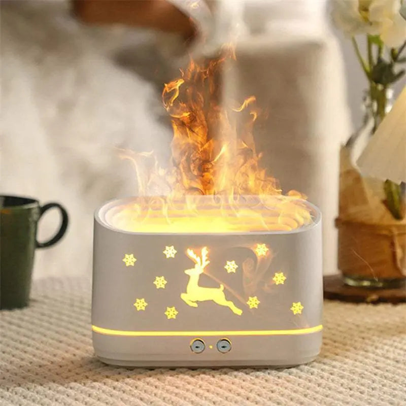 Christmas Flame Effect essential oil diffuser with reindeer design and warm glowing flame effect in cozy home setting