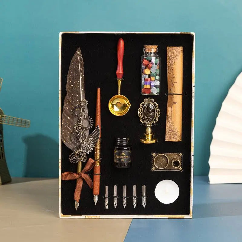 Retro Feather Pen Gift Box luxury writing set with feather pen, wax seal, calligraphy tools in a gift box