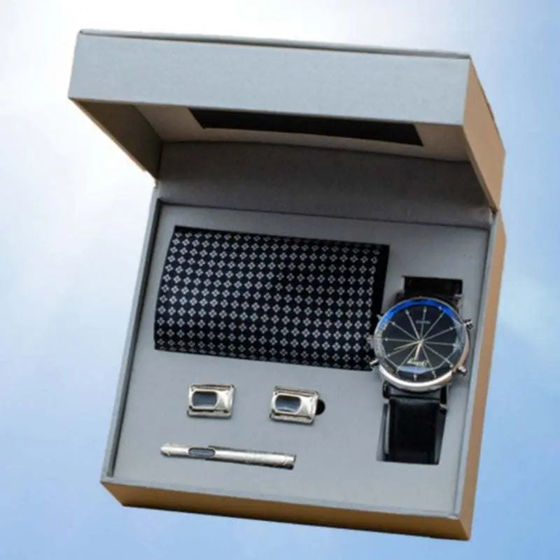Men’s suit gift box set with watch, patterned tie, tie clip, and cufflinks in premium packaging